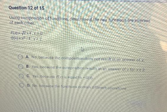 Using composition of functions, determine if the two functions are inversesof each-example-1