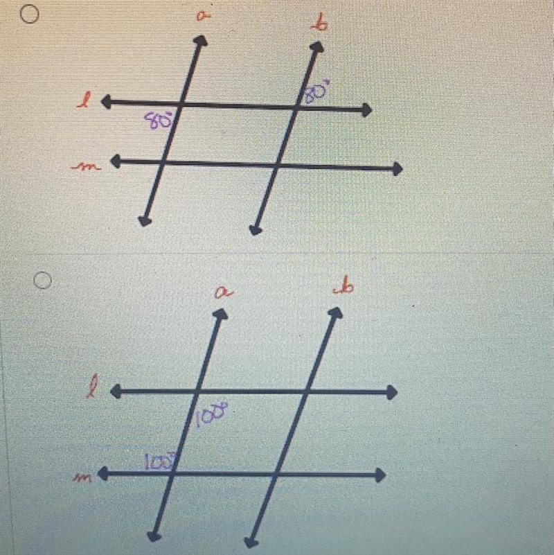 Which shows a pair of angles that proves that lines a and b are parallel?(I will add-example-1