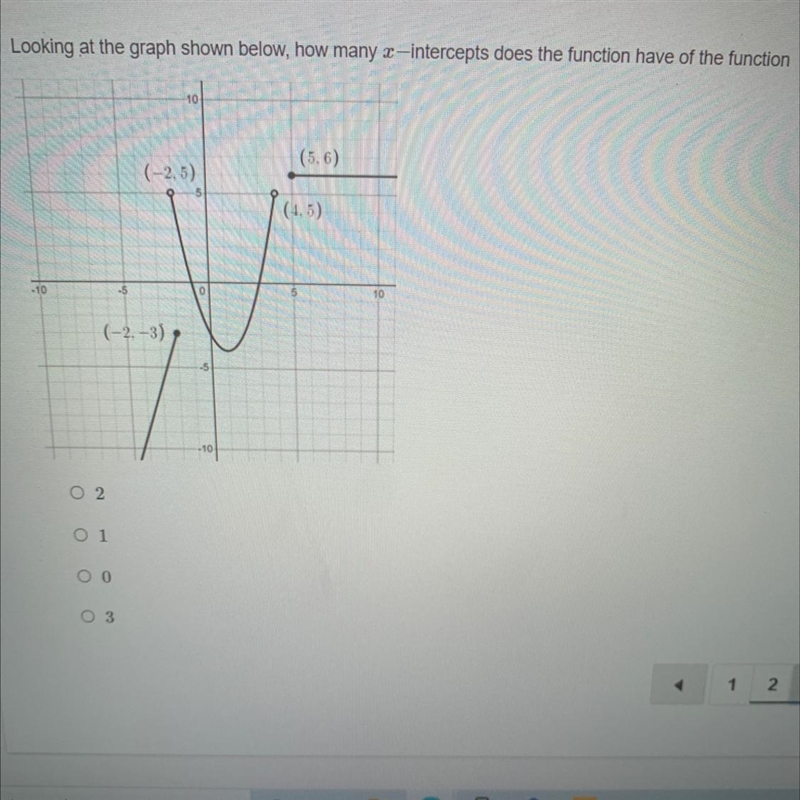 Looking at the graph shown below, how many x intercepts does the function have of-example-1