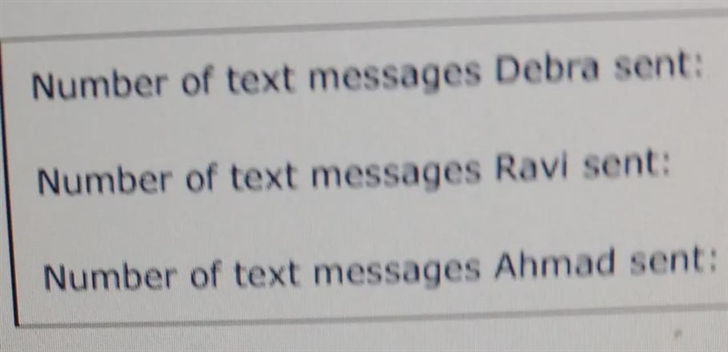 Solving a Debra, Ravi, and Ahmad sent a total of 76 text messages during the weekend-example-1