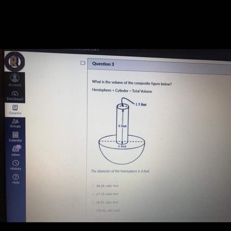 What is the volume of the composite figure below?Hernisphere + Cylinder - Total Volume-example-1