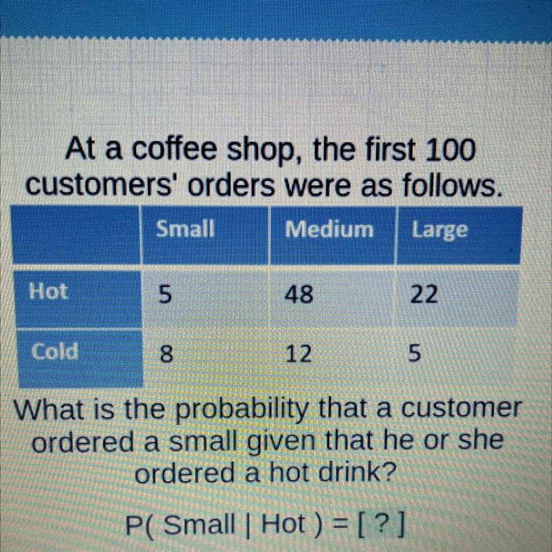 At a coffee shop, the first 100customers' orders were as follows.SmallMediumLargeHot-example-1