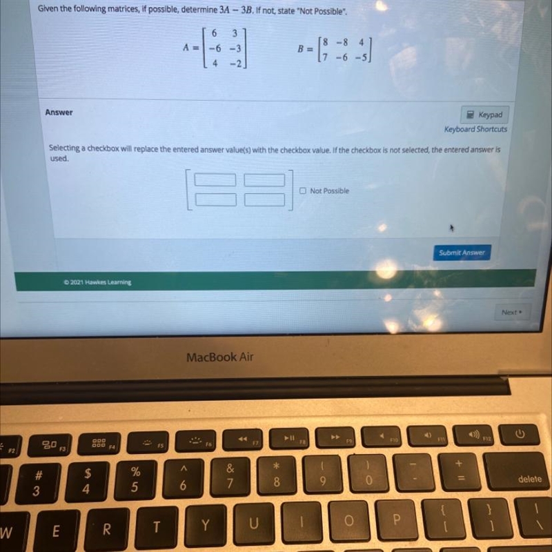 Given the following matrices, if possible, determine 3A - 3B. if not, state “not possible-example-1