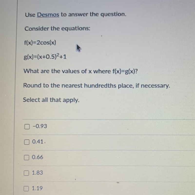 What are the values of X where f(x)=g(x)Round to the nearest hundredth’s place if-example-1