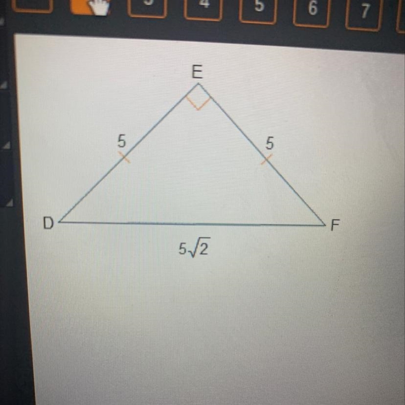 EGiven ADEF, which is not equal to cos(F)?5O sin(F).O sin(D).O tan(F).O cos(D).DF-example-1