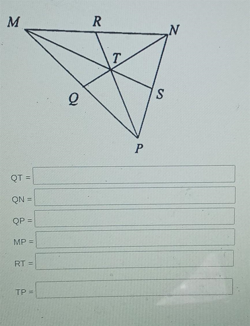 If T is the centroid of triangle MNP, TN = 16, MQ = 23, and RP = 18, find each measure-example-1