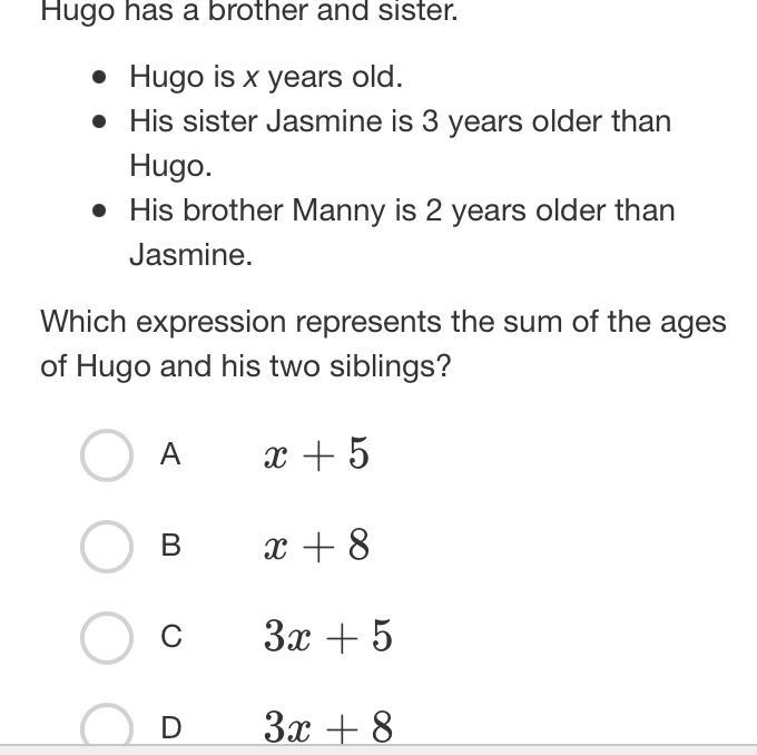 What expression represents the sum of ages of Hugo and his two siblings?-example-1