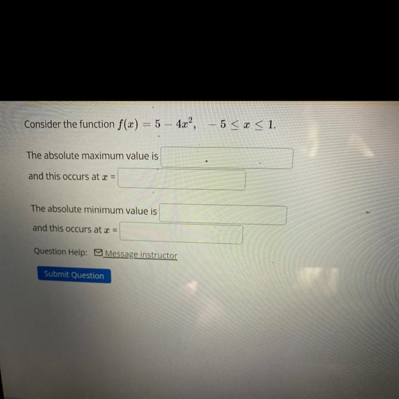 Consider the function f(x) = 5 - 4x ^ 2, - 5 <= x <= 1 .-example-1