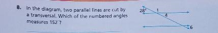 8. In the diagram, two parallel lines are cut by a transversal. Which of the numbered-example-1