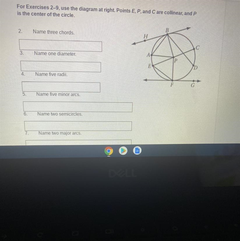 Use the diagram at right. Points E,P, and C are collinear and P is the center of the-example-1