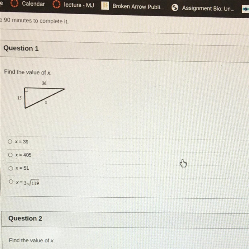 Find the value of x. 36 15 O x= 39 O x = 405 O x=51 Ox=3/119-example-1