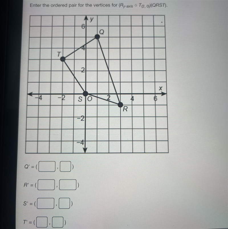 Enter the ordered pair for the vertices for (Ry-axis T(2, 0))(QRST). I need help with-example-1