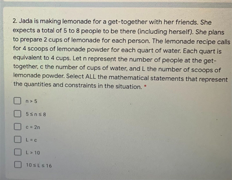 2. Jada is making lemonade for a get-together with her friends. Sheexpects a total-example-1