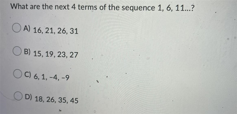 What are the next 4 terms of the sequence 1, 6, 11...?-example-1