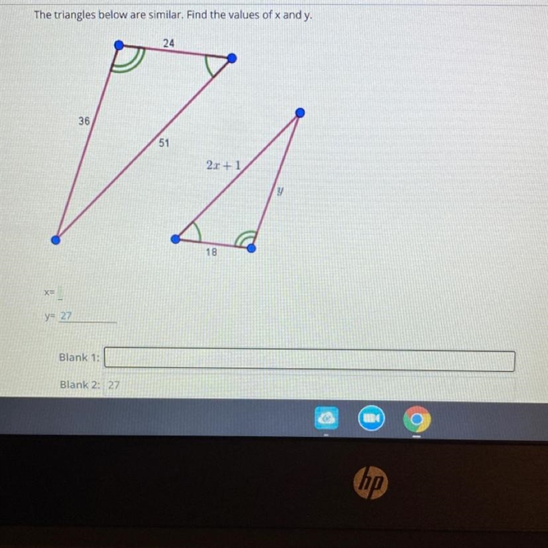 The triangles below are similar. Find the values of x and y.2436512.r+1y18X= 56.875y-example-1