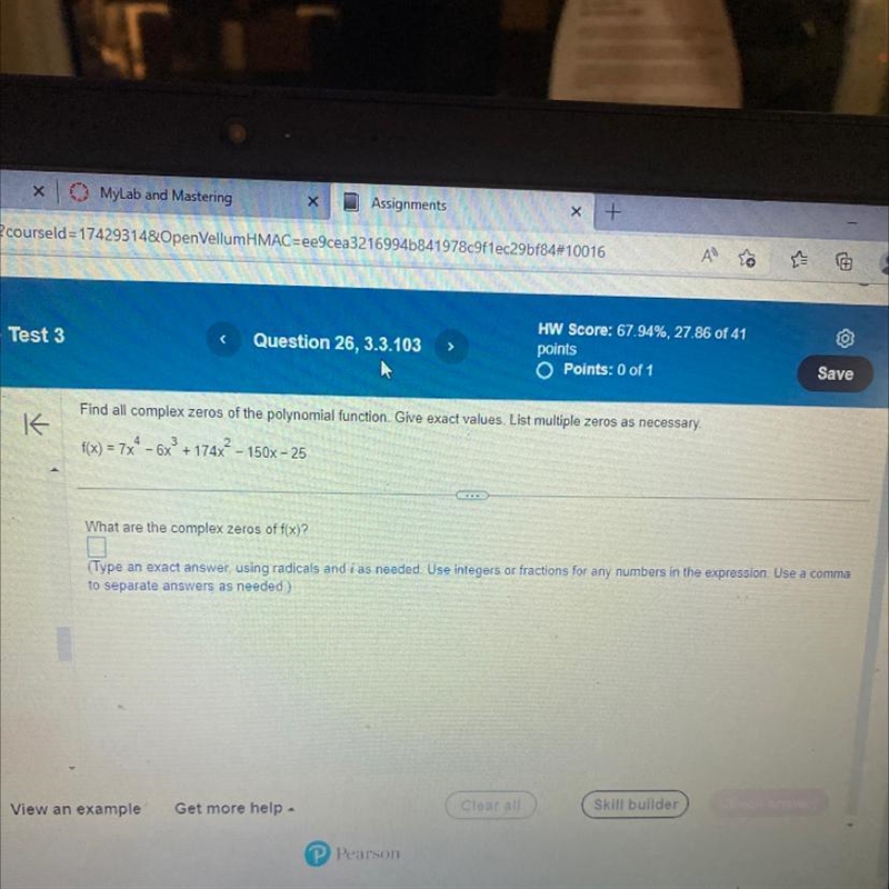 Please help need help with what are the complex zero of f(x). Of the equation below-example-1