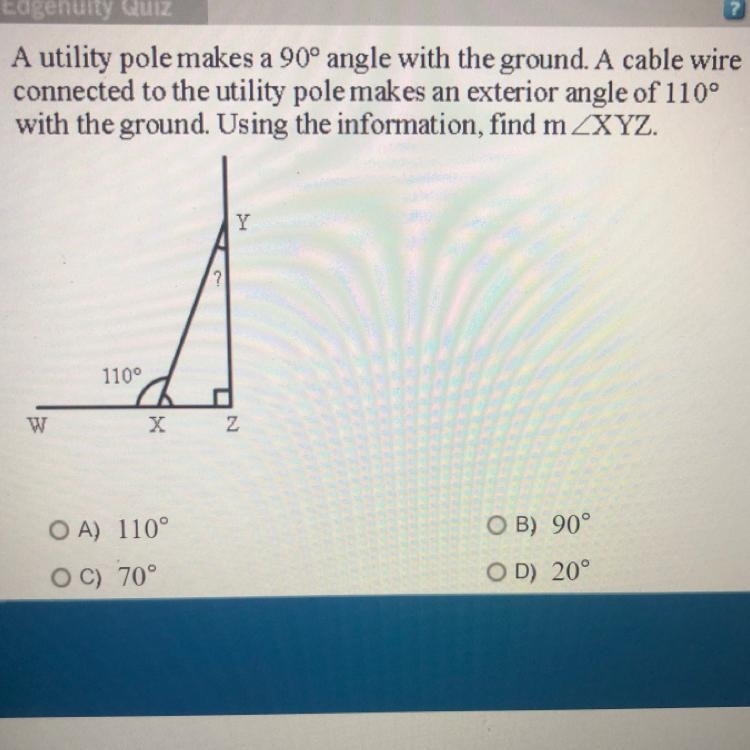 A utility pole makes a 90° angle with the ground. A cable wire connected to the utility-example-1