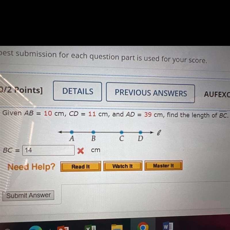 Given AB=10cm, CD=11cm, and AD=39cm, find the length of BC-example-1