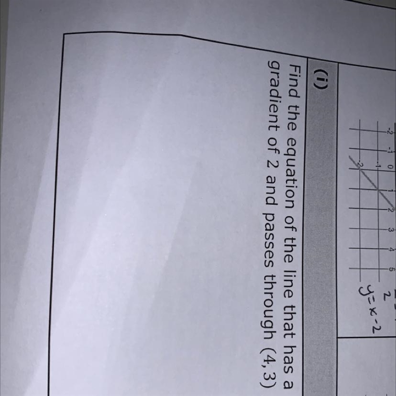 Find the equation of a line that has a gradient of 2 and passes through (4,3).-example-1