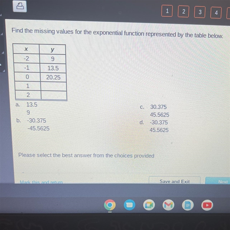 Find the missing values for the exponential function represented by the table below-example-1