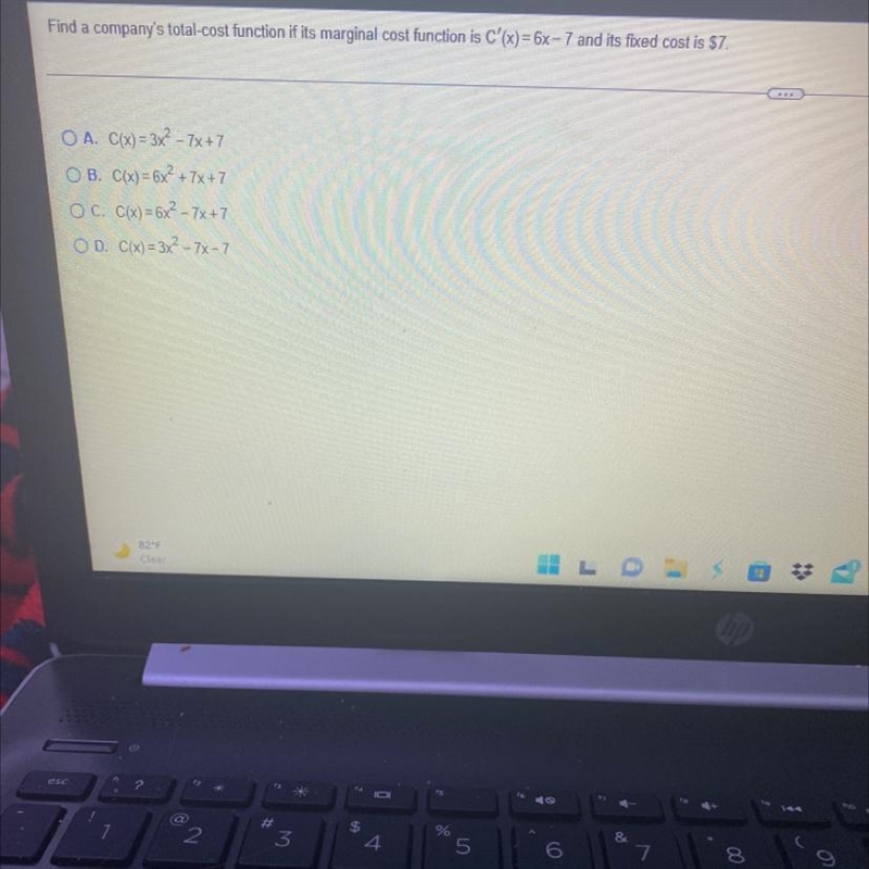 Find the companies total cost function of the C’(x)=6x-7 and it’s fixed cost is $7-example-1