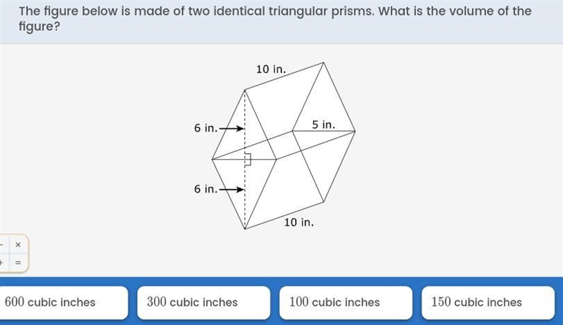 The figure below is made of two identical traingular prisms. What is the volume of-example-1