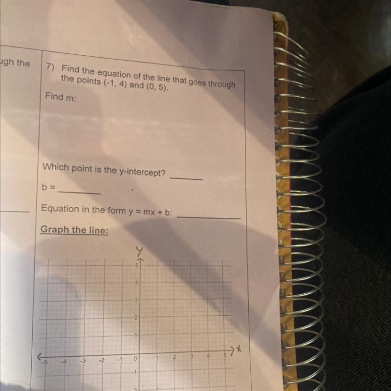 7)Find the equation of the line that goes throughthe points (-1, 4) and (0, 5).Find-example-1