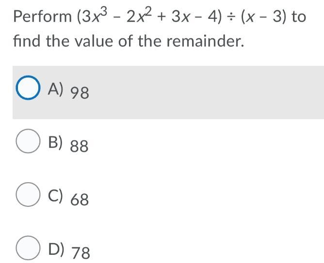 Perform (3x3 – 2x2 + 3x – 4) ÷ (x – 3) to find the value of the remainder.Question-example-1