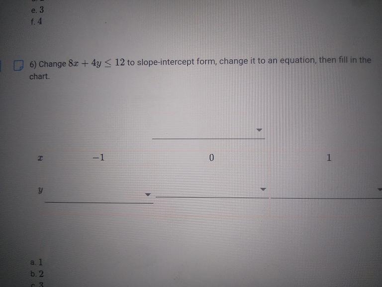 Change 8x4y<12 to slope-intercept formchange it to equation,fill in the chart-example-1