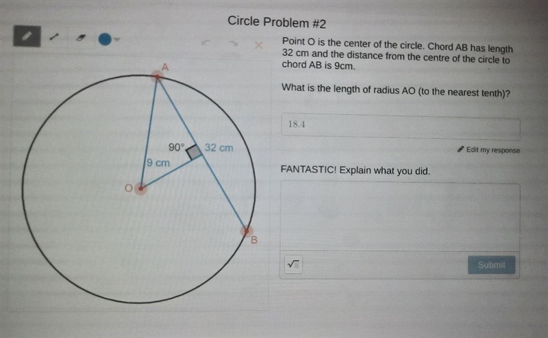 Point O is the center of the circle. Chord AB has length 32 cm and the distance from-example-1