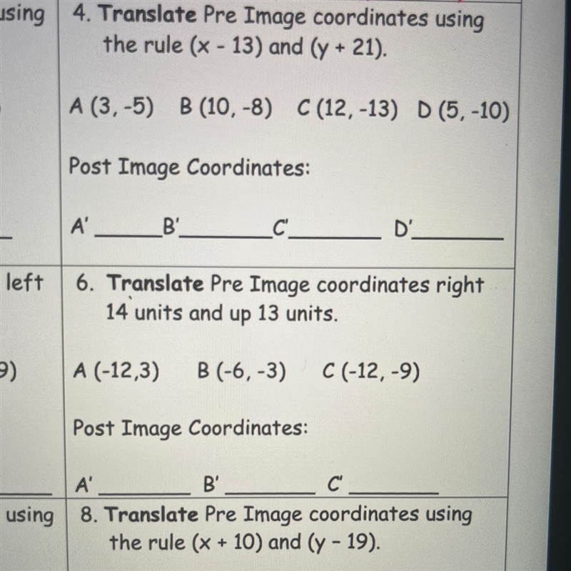 Translate pre-image coordinates Help me with 4 and 6 please!!-example-1