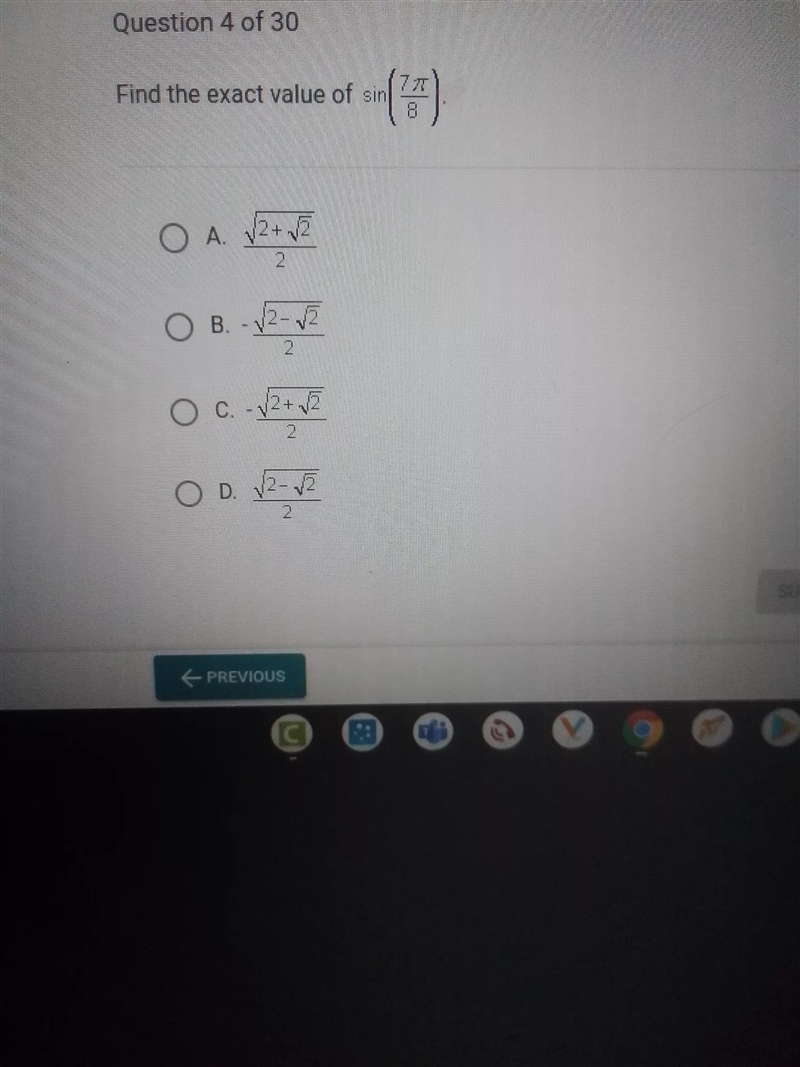 Find the exact value of sin (1) ОА. (2 + 2 OB. - /2- & y 2 2+ OC O C.-12+a 2 O-example-1