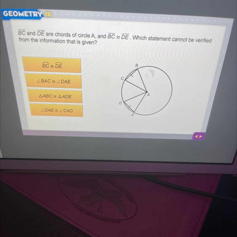 BC and DE are chords of circle A, and BC DE. Which statement cannot be verifiedfrom-example-1