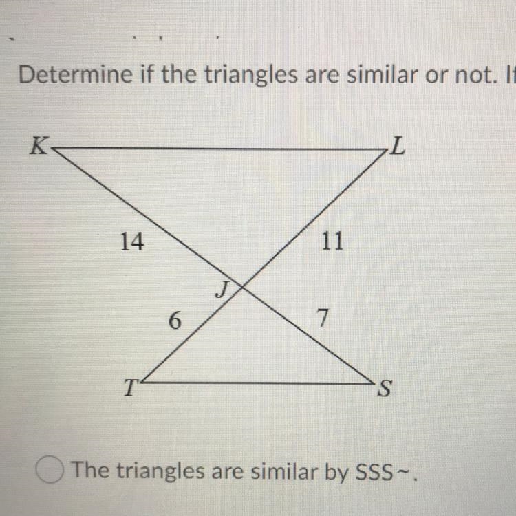 Determine if the triangles are similar or not. If they are, state the reason why.-example-1