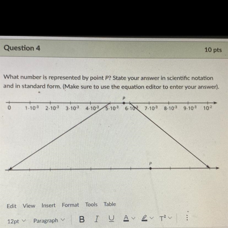 What number is represented by point P? State your answer in scientific notation and-example-1