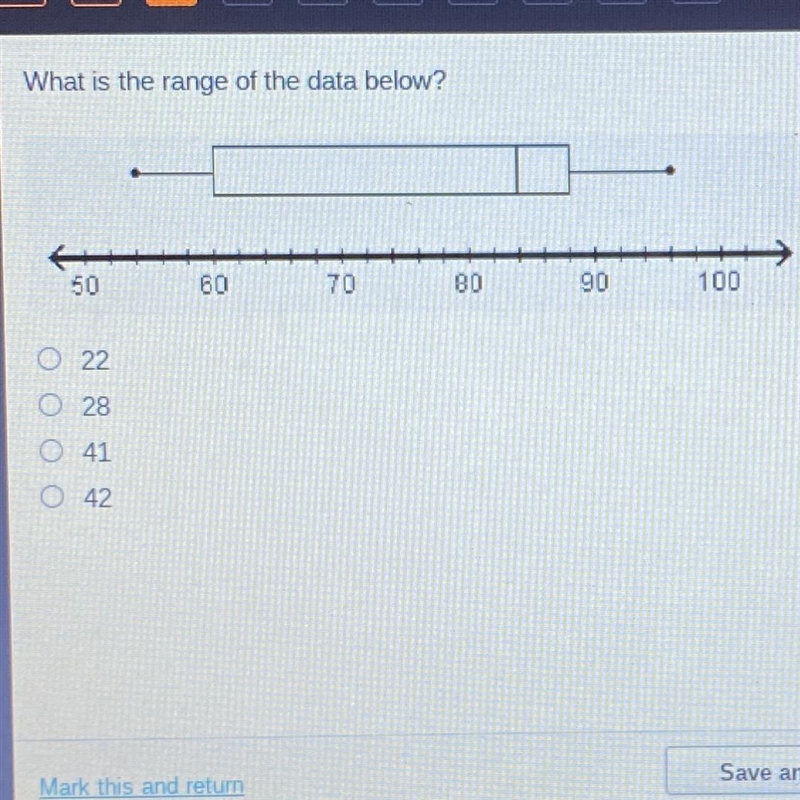 What is the range of the data below? O 22 O 28 O 41 O 42-example-1