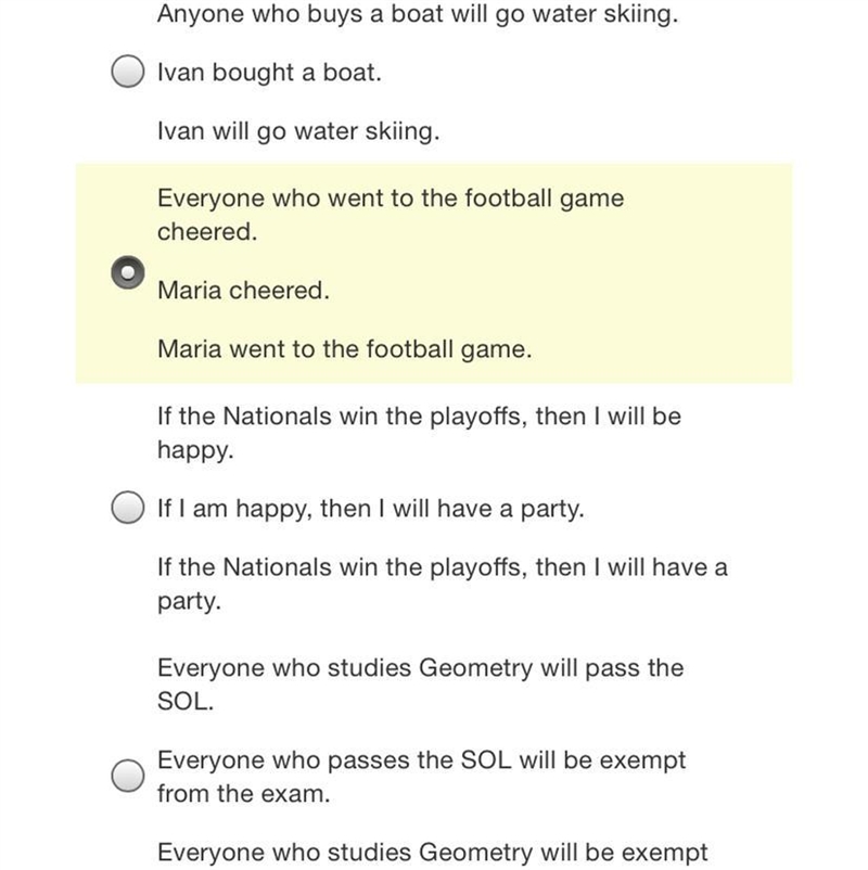 Which does NOT represent a valid argument?Anyone who buys a boat will go water skiing-example-1