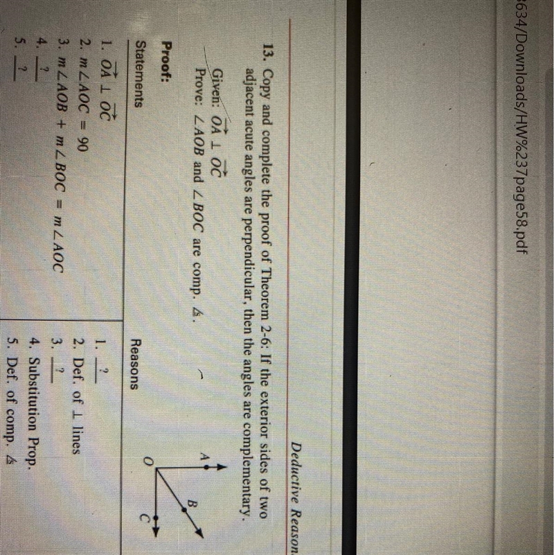 13. Copy and complete the proof of Theocem 2-6: If the exterior sides of twoadjacent-example-1