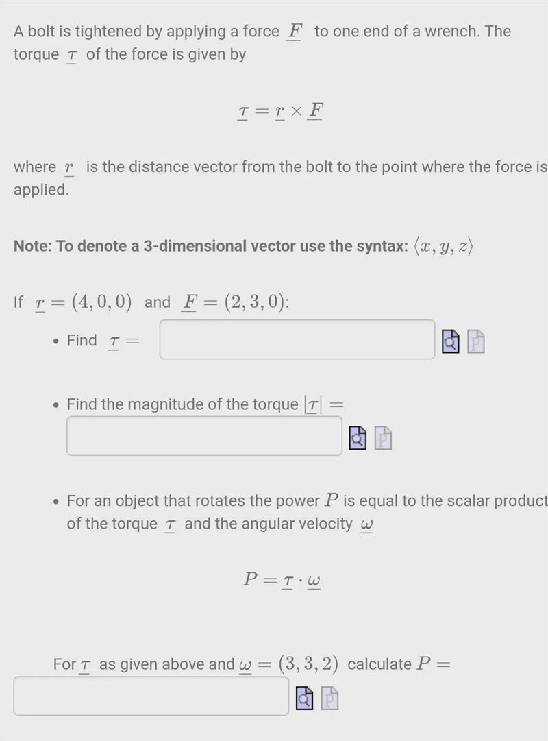 Complex vector question.A bolt is tightened by applying a force to one end of a wrench-example-1