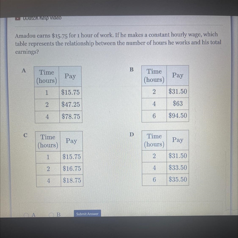 Amadou earns $15.75 for 1 hour of work. If he makes a constant hourly wage, which-example-1