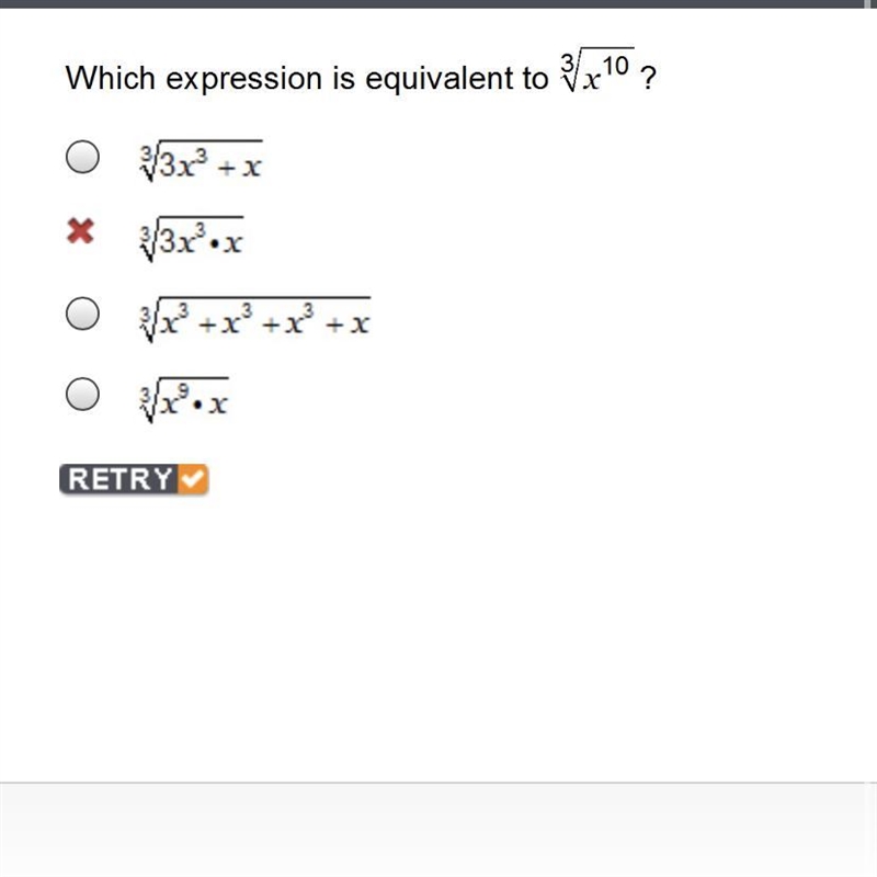 Which expression is equivalent to 3 square root of x to the power of 10-example-1