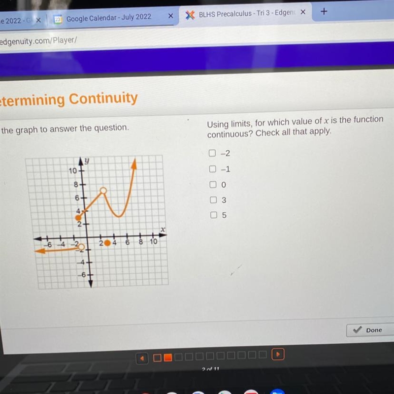 Determining Continuity Use the graph to answer the question. Using limits, for which-example-1