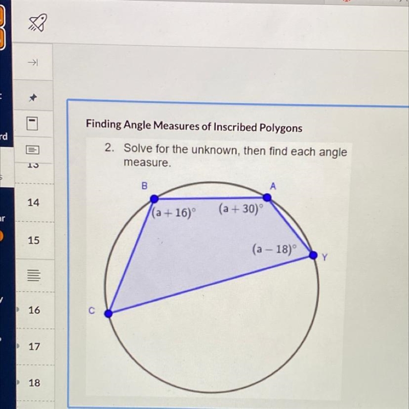 What does a =?and what is the measure of each angle (A,B,Y,C)-example-1