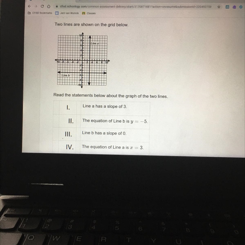 Two lines are shown on the grid below.Read the statements below about the graph of-example-1