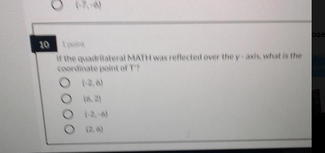 If the quadrilateral MATH was reflected over the y-axis , what is the coordinate pointnT-example-2