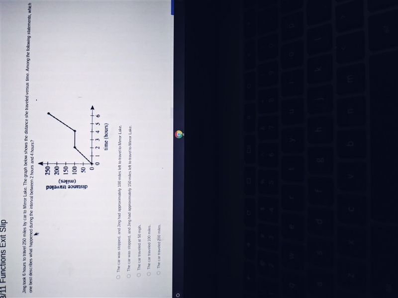 Jing took 6 hours to travel 250 mies by car to Mirror Lake. The graph below shows-example-1