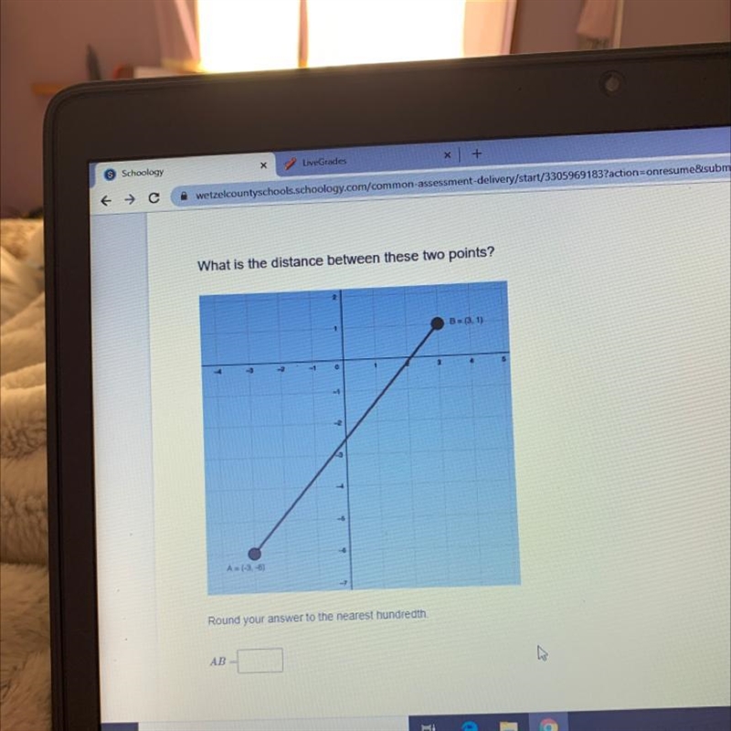 What is the distance between these two pointsB =(3, 1)3450-23-5-6A = (-3,-6)-example-1