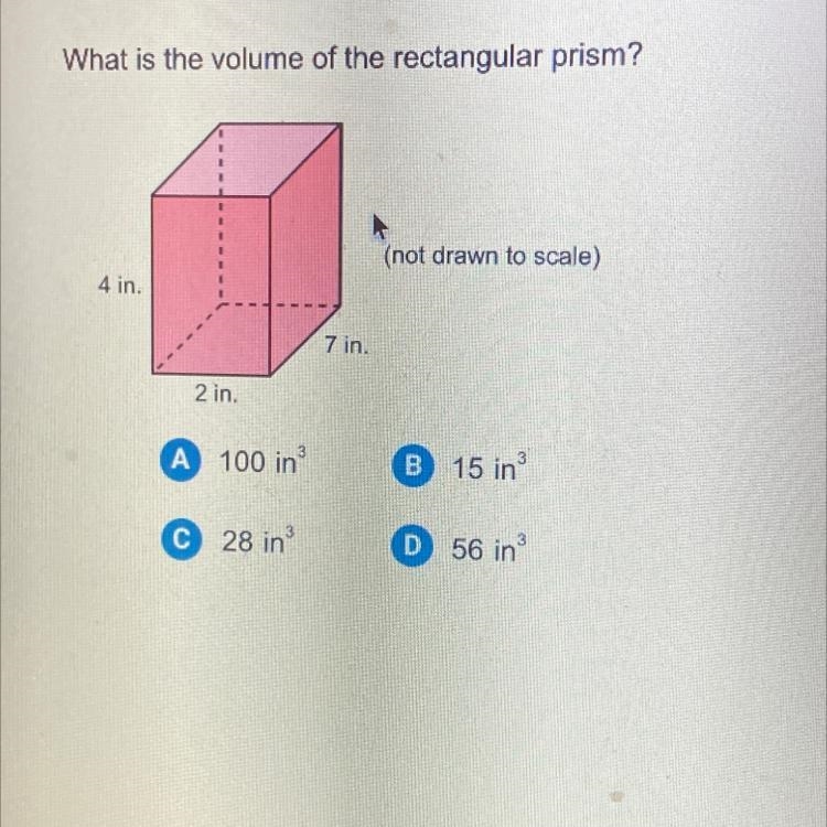 What is the volume of the rectangular prism? (not drawn to scale) 4 in. 7 in. 2 in-example-1