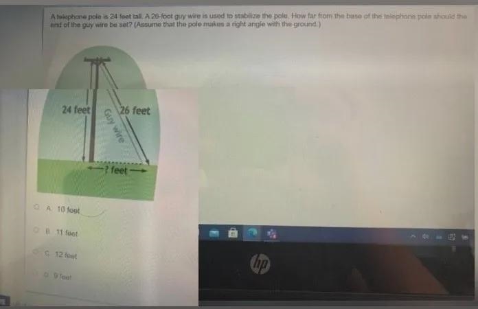 Hello I need help with this problem:A telephone poll is 24 feet tall. A 26-foot guy-example-1