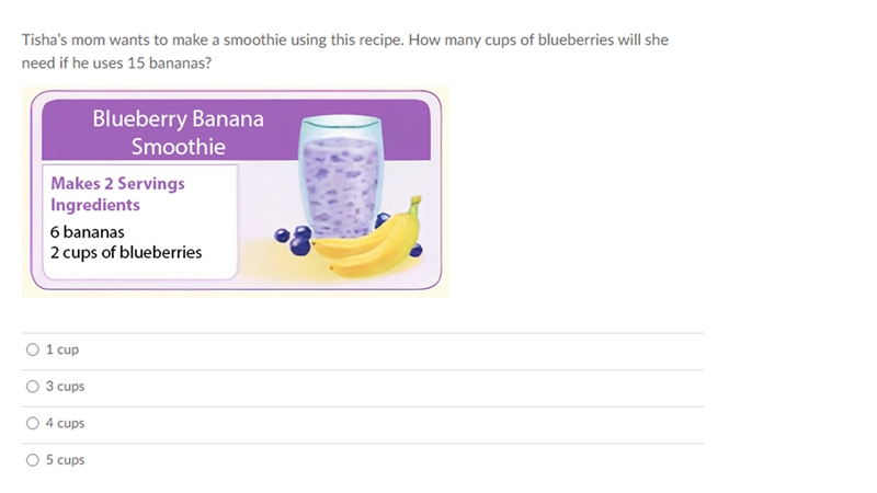 Tisha’s mom wants to make a smoothie using this recipe. How many cups of blueberries-example-1